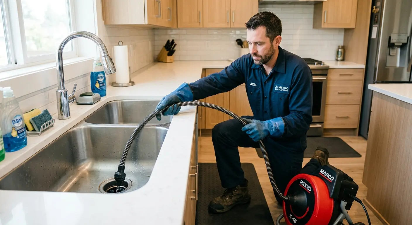 Drain cleaning technician using a motorized snake on a kitchen sink in Garfield