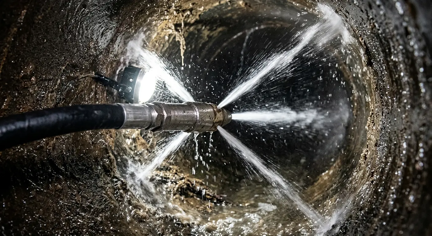 High-pressure hydro jetting nozzle cleaning sewer pipe for Sewer Cleanout in Garfield