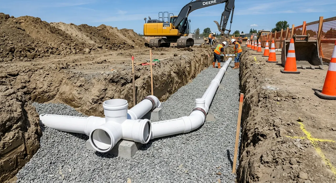 New PVC sewer pipe installation in open trench for Commercial Drain Cleaning in Garfield