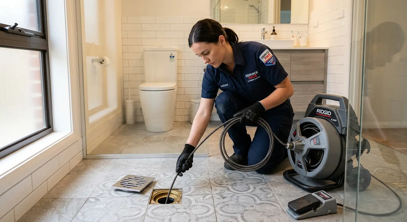 Technician clearing a bathroom floor drain for Hydro Jetting in Garfield